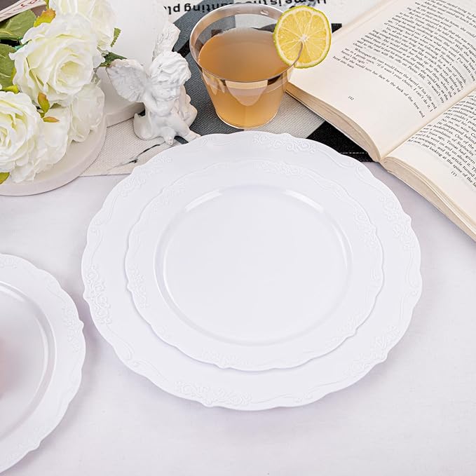 U-QE 60PCS White-Plastic-Plates for Party - High End Disposable Plates for Weddings - White Plates Disposable Heavy Duty Including 30PCS 10.25'' Dinner Plates & 30PCS 7.5'' Dessert Plates