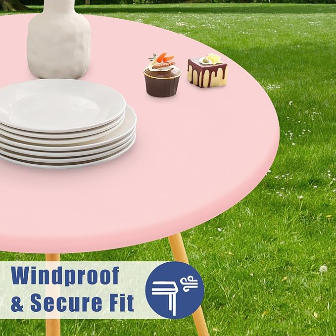 Round Spandex Valentines Day Tablecloth, Elastic Fitted Waterproof Tablecloths for 31"-35" Tables, Stretch Washable Picnic Table Cover for Camping, Dining, Indoor and Outdoor, Pink