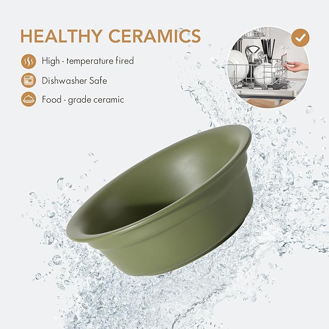 Ceramic 5.5-inch Raised Double-Bowl Set with Non-Slip Stand, 1 Cup Food or 9.5oz Water Dishes for Puppies and Cats, Wide Opening with Rounded Edges(Olive Green)