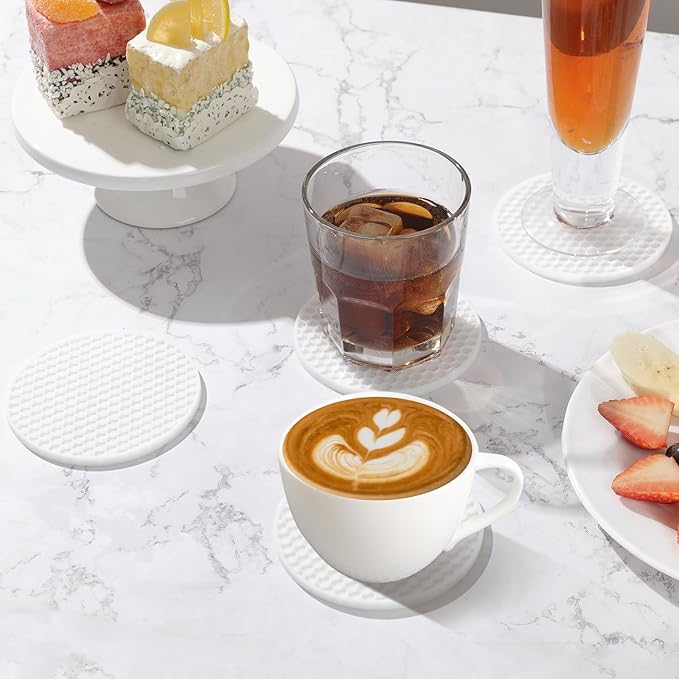 Silicone Coasters Set of 8 with Holder, Drinks Coasters, Beer & Coffee, Suitable for All Cups, Hot or Cold, Anti-Slip, Non-Stick, Anti-Overflow Tabletop Protection and Decor (8 Pcs, White)