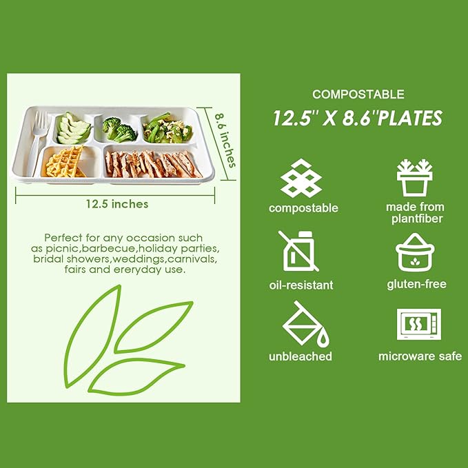 Vplus 100% Compostable 6 Compartment Plates, 90 Pack Compartment Paper Plate, 12.5x8.6 inch Disposable School Lunch Trays, Eco-Friendly Bagasse Plates for School Lunch, Buffet, and Party