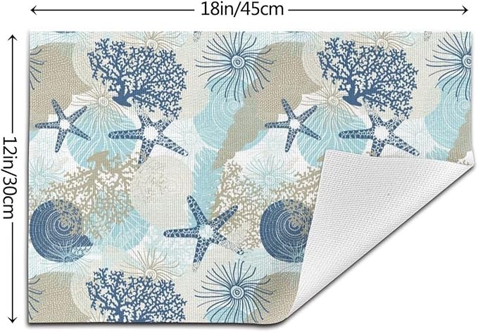 Placemats Set of 6 Aqua Blue Nautical Place Mats Coastal Beach Theme Coral Starfish Woven Table Mats Washable Blue Coral PVC Placemat for Dining Kitchen Decor Indoor Outdoor, 12 x 18 Inch