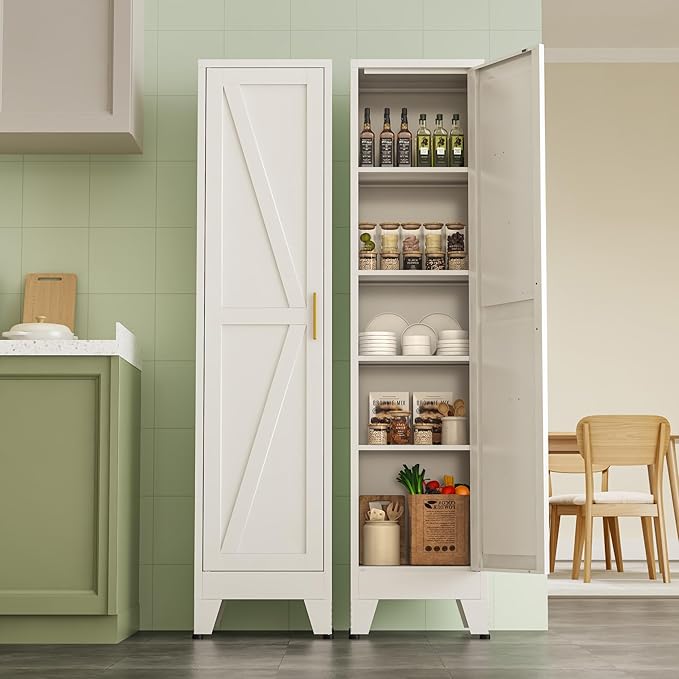 Narrow Metal Cabinet with 4 Adjustable Shelves and Barn Doors,Tall Bathroom Storage Cabinet, Metal Pantry Organizer for Kitchen,Home Office, Dining Room,White