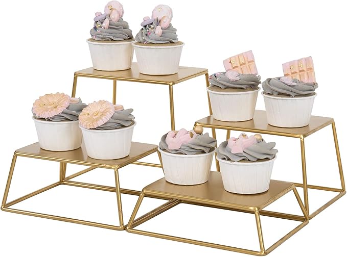 MyGift 4 Piece Set Modern Brass Tone Metal Nesting Tabletop Cupcake Display Risers, Food Appetizer Dessert Buffet Table Serving Stands for Home Party Event Retail (Brass)