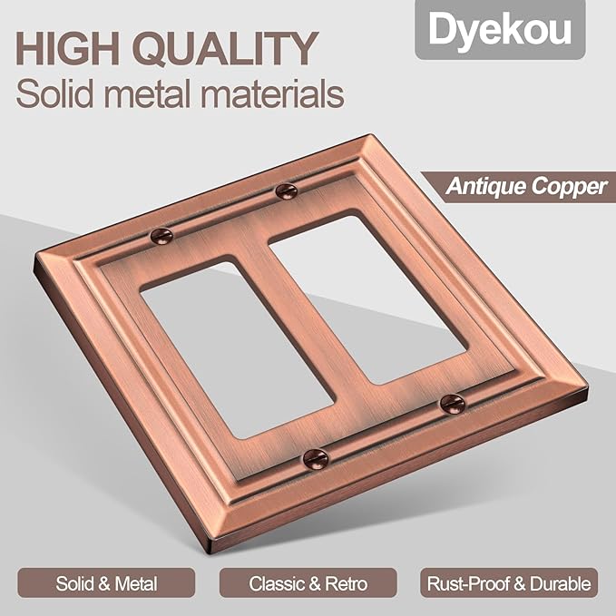 Metal Wall Plate for Electrical Outlets, Decorative Antique Copper Switch Plates Outlet Cover, Light Switch Cover Plate, 2-Gang Wall Plates (Double Decorator, 2 Pack)