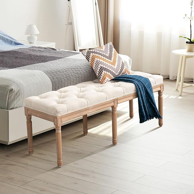 Bonzy Home 47” Bedroom Bench,French Vintage Tufted Entryway Benches Upholstered Dining Benches with Cushion,Linen Fabric End of Bed Bench for Bedroom Living Room Entryway,Beige
