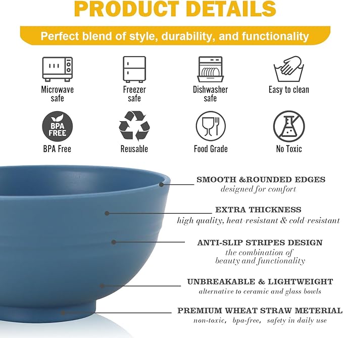 Wheat Straw Bowls Set of 6, Unbreakable 10 OZ Small Bowls Set for Snack, Appetizers, Desserts, Microwave & Dishwasher Safe Alternative Plastic Bowls Reusable, Blue