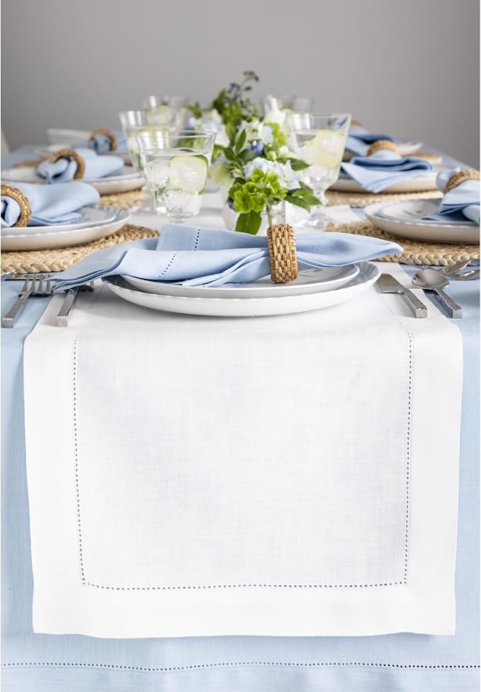 Solino Home Linen White Table Runner 36 Inches - Classic Hemstitch, 100% Pure Linen Coffee Table Runner 14 x 36 Inch Ideal for Dresser Tables - Winter, Valentines, Spring, Easter