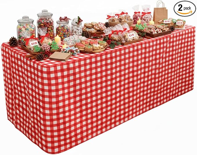 HolidayIdeas Checkered Fitted Table Covers for 8 Foot Tables - 96 x 30 Inch - 2 Pack Rectangle Table Clothes Buffalo Plaid Table Cover for Folding Table, Parties, Picnic, Trade Show (Red and White)