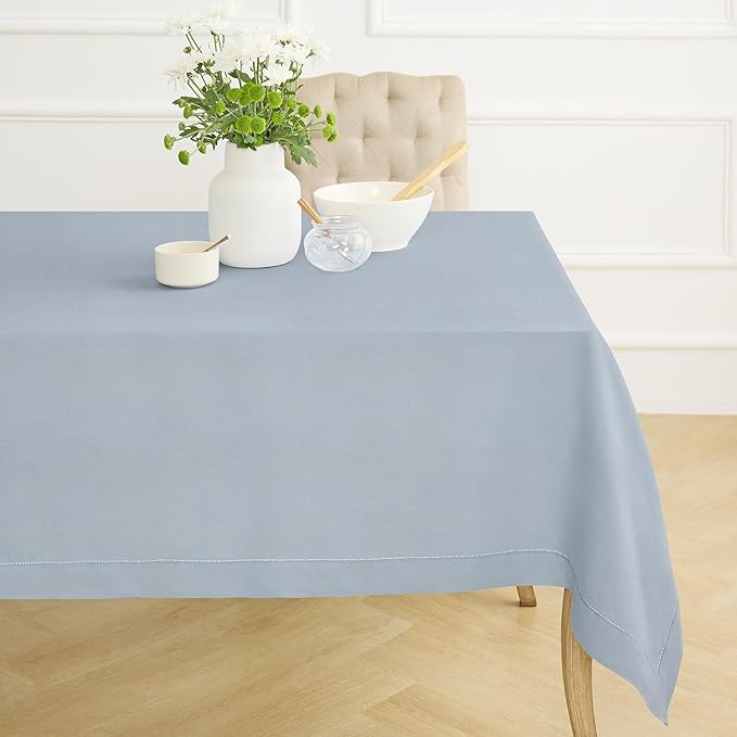 Solino Home Dusty Blue Linen Tablecloth 60 x 132 Inch - 100% Pure Linen Hemstitch Table Cloth for Rectangle Tables - Classic Hemstitch, Machine Washable Tablecloth for Winter, Spring, Easter