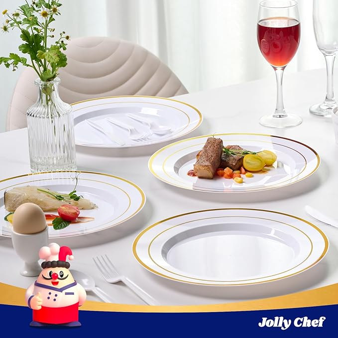 JOLLY CHEF 100 Pieces Gold Plastic Plates, 10 Inch Elegant Disposable Dinner White with Gold Rim, Disposable Plastic Plates for Christmas, Birthdays and Weddings