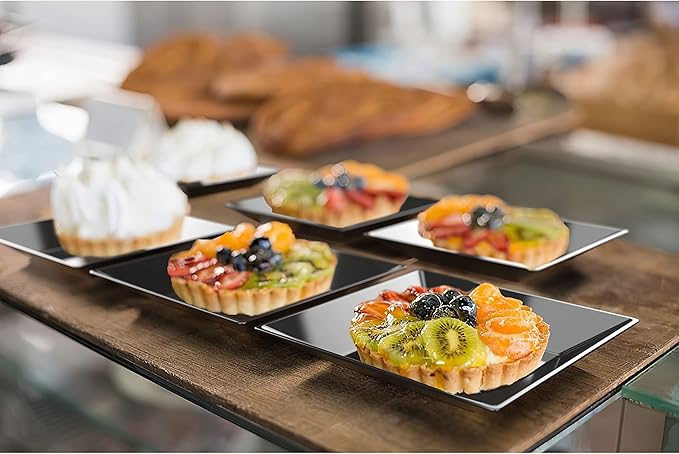 Exquisite Mini Disposable Appetizer Plates - 500 Pack 2.95 In. x in. Black Plastic Dessert Elegant Design for Weddings, Birthdays, and Formal Parties Stackable Convenient BPA Free