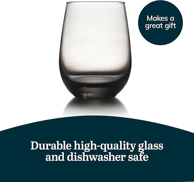 Libbey 231SM Stemless Wine Glasses Set of 12, Moonstone Grey, Restaurant Quality Red and White Wine Glasses, Drinking Glasses Set for Large Gatherings