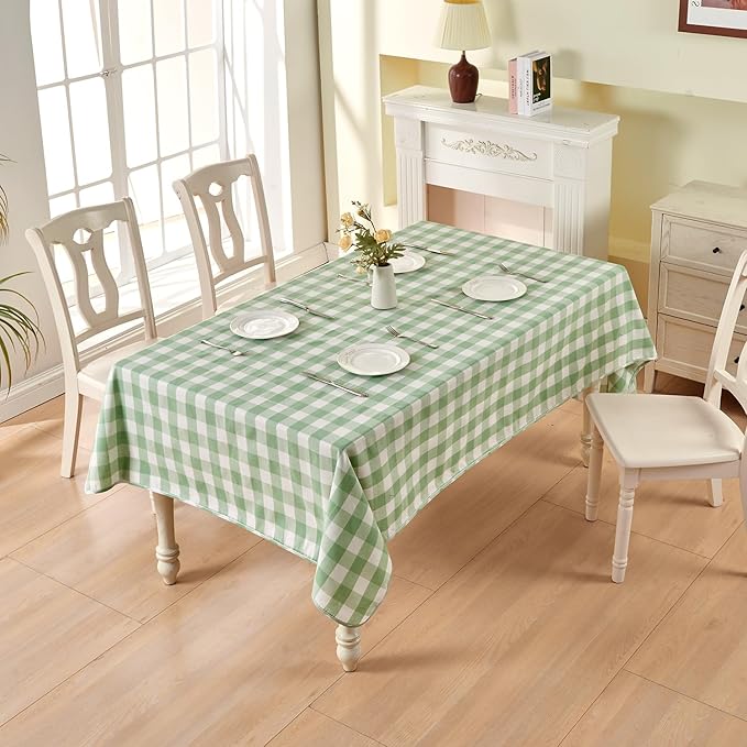 BALCONY & FALCON Gingham Table Cloth Rectangle – Reversible Water-Resistant Cotton Checkered Tablecloth for St. Patrick's Day, Outdoor Picnic, Camping, Kitchen (Green White, 55x71 Inch)