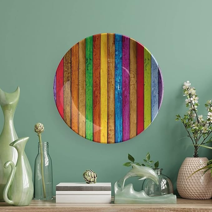 Ceramic Plates, Abstract Decorative Ceramic Plates, Vibrant Wooden Artistic Cheerful Art Rainbow Image, 8 Inch, for Dining, Parties, Wedding, Multicolor