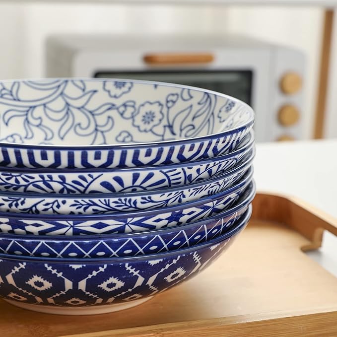 Selamica Ceramic 30oz Large Pasta Salad Bowls 8 Inch Wide and Shallow Soup Bowls, Stackable, Microwave and Oven Safe, Set Of 6, Vintage Blue