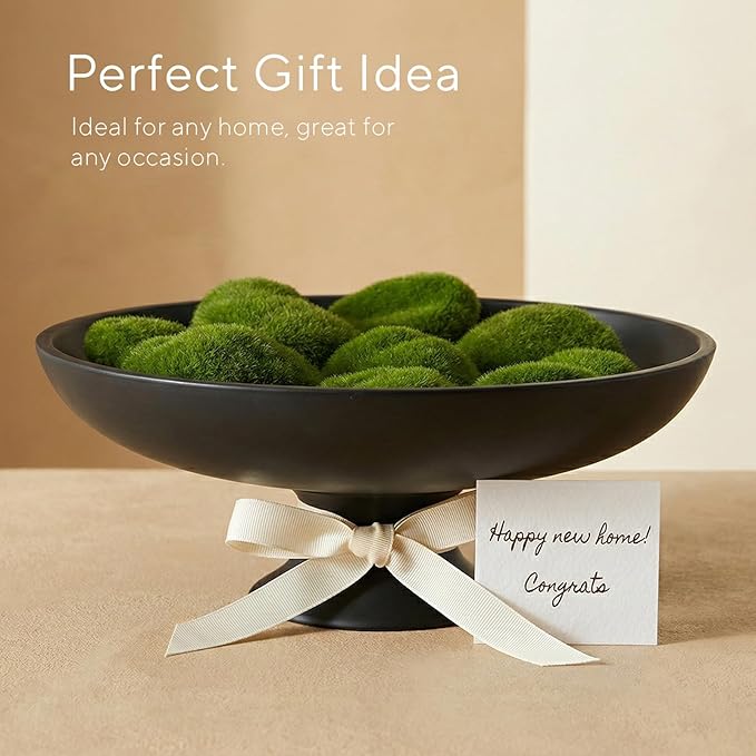 Large Black Decorative Bowl, Modern Pedestal Bowl for Home Decor, Decorative Fruit Bowl for Kitchen Counter, Stylish Key Bowls for Entry Table, 11.45”, Includes 10PCS Artificial Moss Rocks