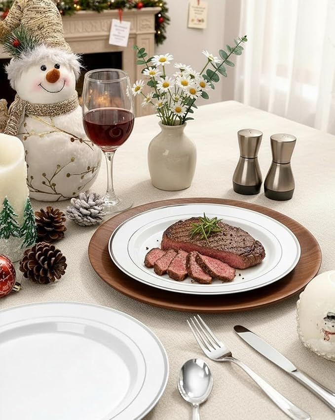 bUCLA 100Pieces Silver Plastic Plates - 10.25inch Silver Rim Disposable Dinner Plates - Ideal for Weddings, Parties