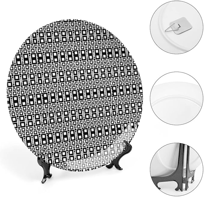 Decorative Plates, Abstract Print Ornament, Monochrome Squares of Motif Grid Design Geometric, 7 Inch, 1 Plate with 1 Display Stand, Black White
