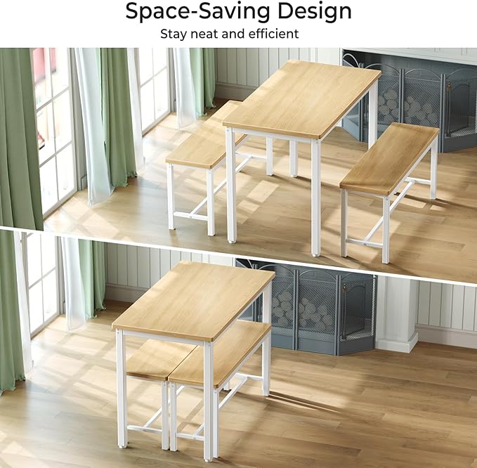 Tatub Dining Table Set for 4, 3-Piece Kitchen Table with 2 Benches, Space-Saving Dining Room Table Set for Breakfast Nook and Small Spaces, Original