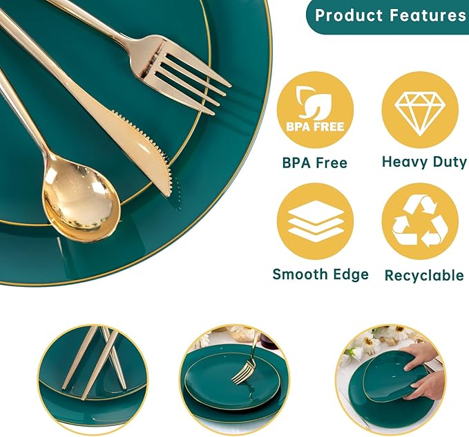 LUODA MirthMood 210pcs Green Plastic Plates,Disposable Green Gold Party Plates,Include 30 Dinner,Dessert Plate,30 Cup&30 Napkins, 90 Gold Silverware for Wedding & Party & Birthday（green）
