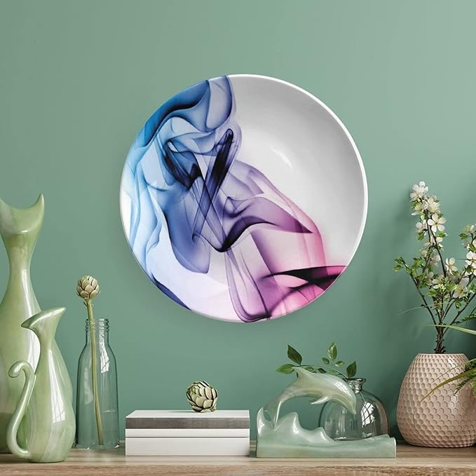 Ceramic Plates, Abstract Decor Decorative Ceramic Plates, Colorful Smoke Dynamic Flow Swirl Contemporary, 8 Inch, for Dining, Parties, Wedding, Fuchsia Blue