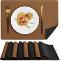 MOSAYT Vinyl Placemats Set of 8, Heat Resistant Place Mats 100% Waterproof Washable & Wipeable Faux Leather Reversible Table Mats for Kitchen Dining Party Indoor Outdoor, 12" x 17", Black/Brown