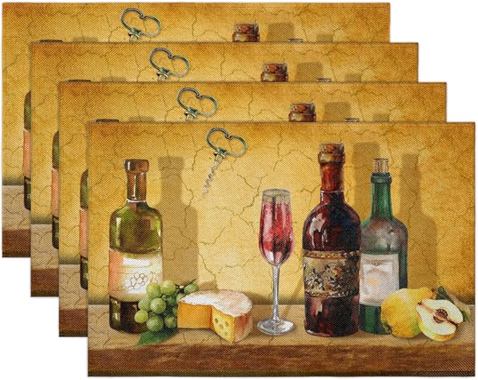 Wine Grapes Placemats Set of 4, Washable Elegant Vintage Placemats, Non-Slip Table Rectangle Linen Place Mats for Kitchen Dining Party Home Indoor Table Decor, Present for Wine Enthusiasts
