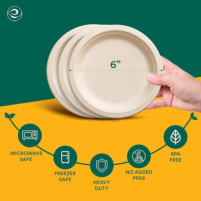 ECO SOUL Compostable Paper Plates 6 Inch (500 Count) Plates for Dessert, Heavy Duty, Eco-Friendly Sugarcane Bagasse Small Plates For Appetizer- Natural Brown