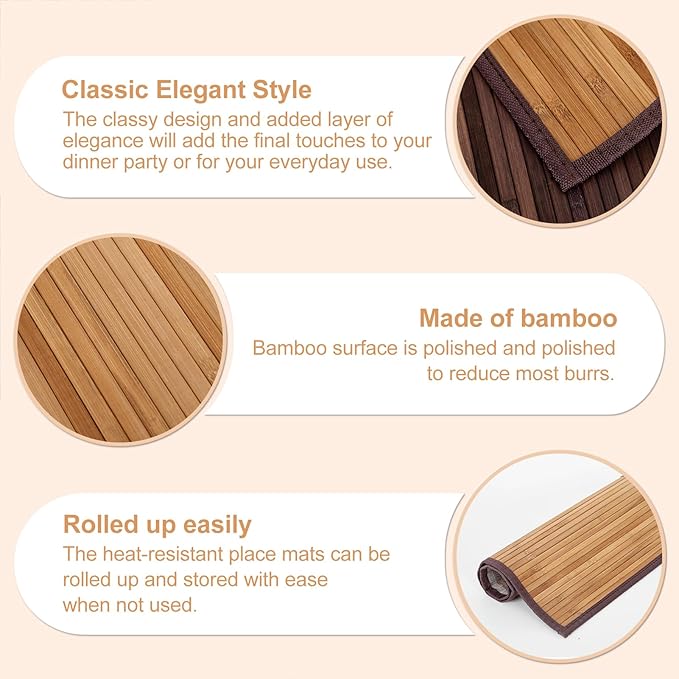 Bamboo Placemats with Fabric Border Set of 4 Natural Bamboo Rectangular Rolling Table Mats for Dining Kitchen Table Heat Resistant Table Protection Light Brown