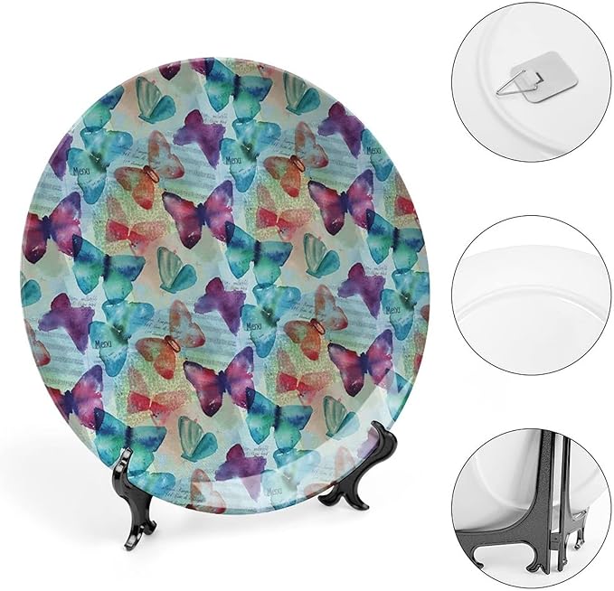 Ceramic Plates, Abstract Decorative Ceramic Plates, Watercolor Rainbow Colored Butterflies and Letterings Music, 10 Inch, Household Plates Decorative, Multicolor