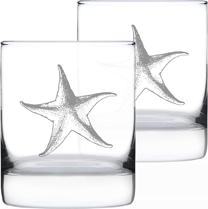 Bevvee Starfish Rocks Glass - Beach Themed Decor and Decorative Ocean Glassware Gifts for Women and Men - Set of 2-10.25 Oz Glasses