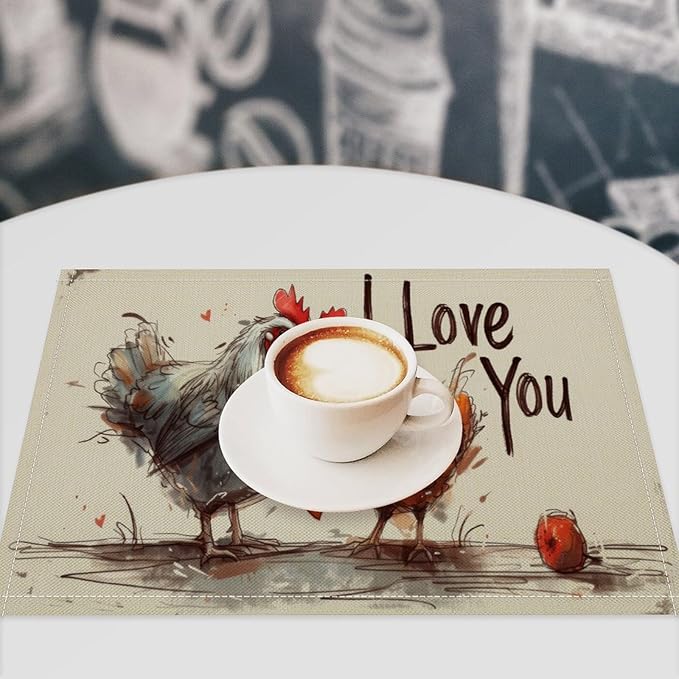 Rural Rooster Placemat Set, Vintage Farmhouse Funny Colorful Hand Drawn Watercolor Line Sketch Chicken Pattern Home Decor Linen Table Mats for Dining Room Kitchen Party (17x12in) x6P