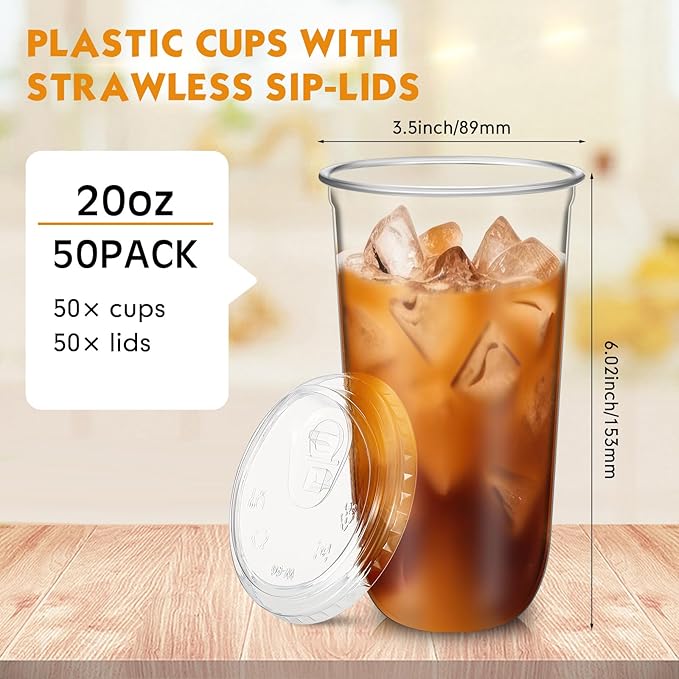 50 Sets Clear Plastic Cups with Strawless Sip Lids, Thickened Clear Disposable Plastic PET Crystal Cups for Iced Coffee, Smoothie, Cold Beverage, Drink Shops and Party Catering (20 oz)