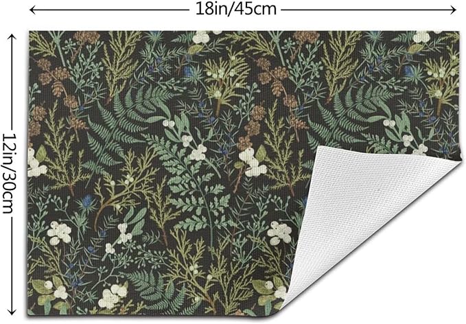 Botanical Print Floral Placemats Set of 4 Black Sage Green Spring Flower Plant Wipeable Table Mats Reusable Washable PVC Rectangle Place Mats for Kitchen Dining Home Decor 12x18 Inches
