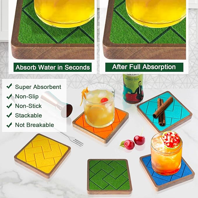 Square Coasters for Drinks Absorbent 5 Pack, EDEGG Wood Coasters for Coffee Tabletop Protection, Non-Slip, Non-Stick 4.1 Inches Colorful