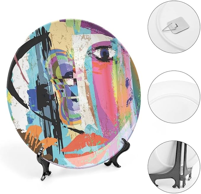 Ceramic Plates, Abstract Decorative Ceramic Plates, Woman Face Art Paint Strokes and Splashes Eye Red Lips Grungy, 10 Inch, Household Plates Decorative, Multicolor