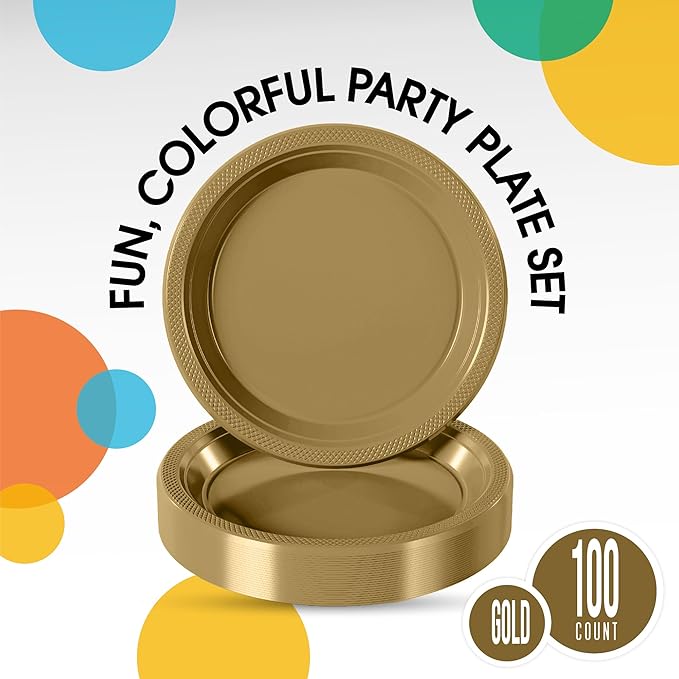 Gold Plastic Plates For Party 7" Gold Disposable Plates Heavy Duty 100 Pcs Plastic Dinnerware Sets Heavy Duty 350 GSM Disposable Dinnerware Set
