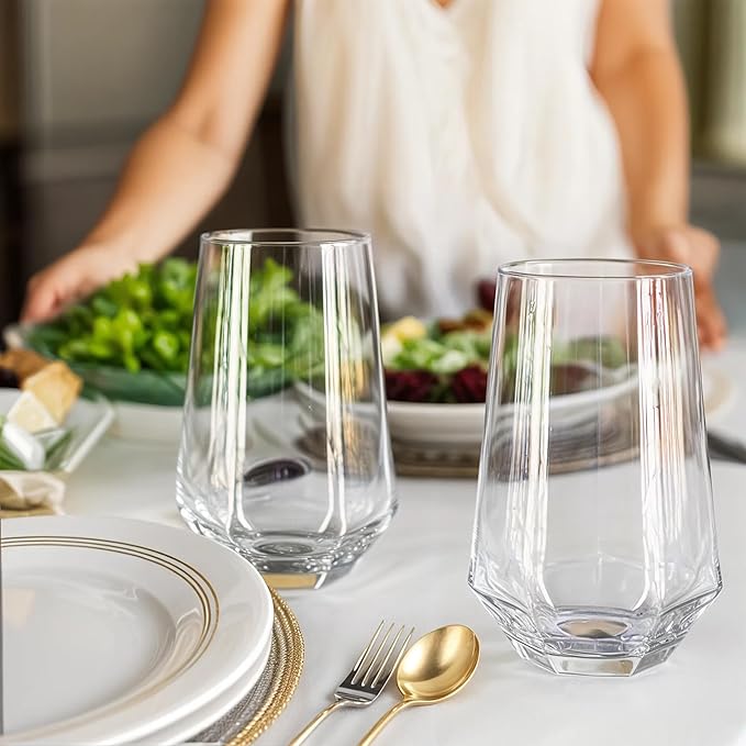 Crystal Beverage Glasses- Set of 6- Hexagon Design – 16oz Beer Tumbler & Highball Glass | Modern Tall Drinking Glass for Beer, Cocktails, Iced Tea, Cold Drinks & Everyday Use