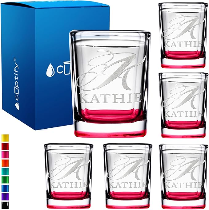 Personalized Shot Glasses Set of 6 Initial and Name 2oz Red Bottom Etched Square Shot Glass Engraved with Custom Text Birthday Gift for Men and Women