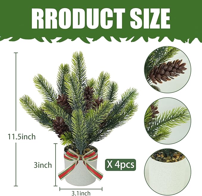 4PCS Christmas Potted Plant, Tabletop Small Christmas Tree with Pine Cones Fake Plants Christmas Greenery for Table Centerpeice Home Office Bathroom Farmhouse Decoration