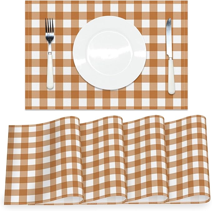 AOFOTO Brown Plaid Placemats Set of 4 for Dining Table Brown and White Checkered Place Mats Washable Rectangular Stripes Table Mats for Party Home Kitchen Restaurant Decor 12x18 Inch