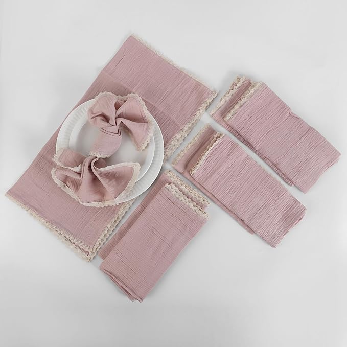 FINGERCRAFT Dinner Cloth Napkin Cotton Muslin Double Gauze 4 Pack with Classic Lace for Everyday Use, Wedding, Party, Christmas, Easter Napkins Cloth are Pre Shrunk and Good Absorbency Peach Wipe