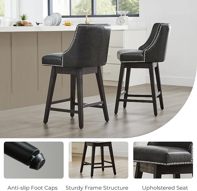 CHITA Counter Height Swivel Bar Stools Set of 4, FSC Certified Upholstered Counter Stools, Modern Swivel Barstools with Wood Legs for Kitchen Island, 26" Seat Height, Faux Leather in Retro Grey