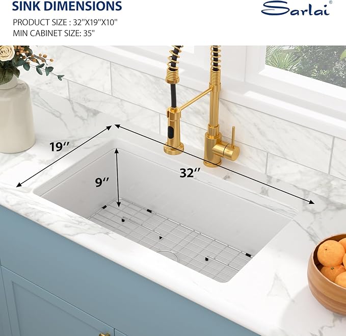 Sarlai 32 Inch White Undermount Sink Fireclay 32x19 Inch White Kitchen Sink Dual Drop in & Undermount Kitchen Sink Single Bowl Deep Porcelain Ceramic Sink