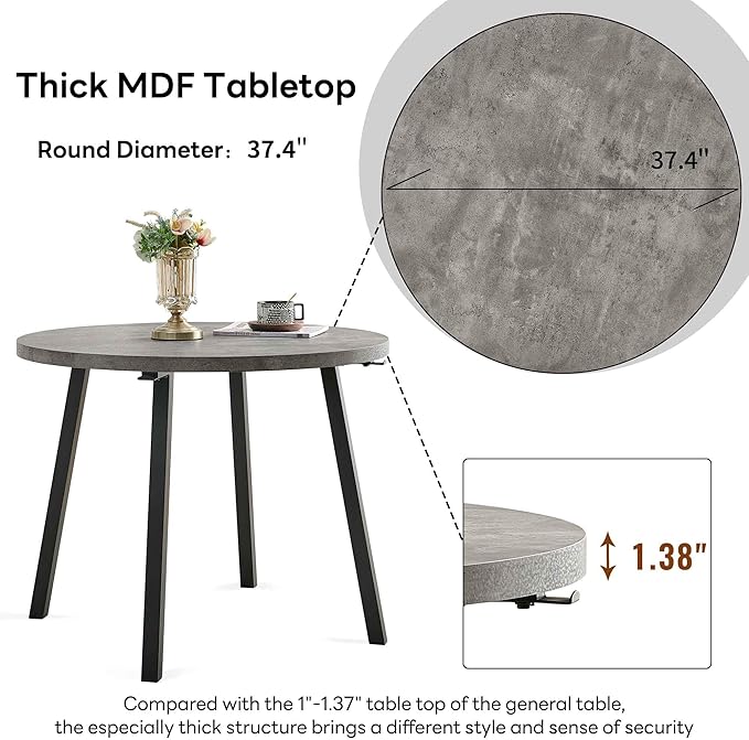 5-Piece Round Dining Table Set for 4, Grey Engineered Wood Coffee Breakfast Table with Hooks, 4 Soft Velvet Kitchen Dining Chairs, Metal Legs