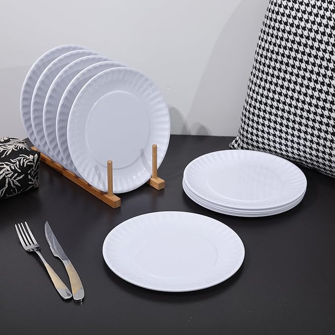 White Melamine Dinner Plates Set of 12, 9 Inch Lace Dish Set, Lightweight Round Tableware Plates, Scratch Resistant Kitchen Serving Dishes for Salad, Pasta, Dessert