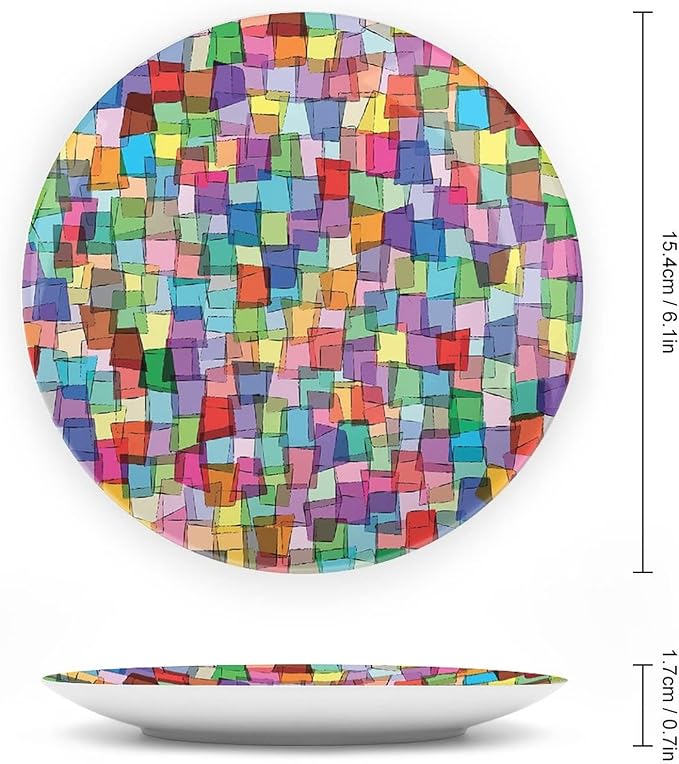 Ceramic Display Plate, Abstract Ceramic Hanging Decorative Plate, Mosaic Tile Pattern Colorful Squares Cubes, 10 Inch, Living Room Kitchen Decoration Household, Multicolor