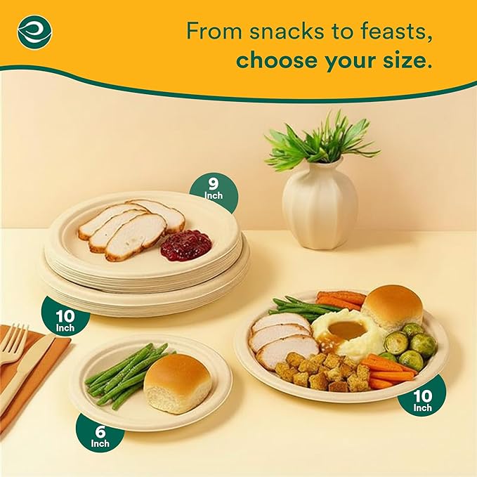 ECO SOUL Compostable 9 Inch(400-Pack) Biodegradable Heavy-Duty Disposable Eco-Friendly Paper Plates for Dinner & Parties, Wedding, Event