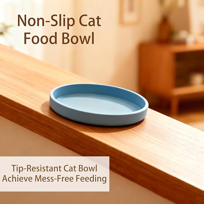 Silicone Cat Bowl Set of 2 Shallow Cat Dishes Small Non-Slip Pet Dog Bowls for Dry & Wet Food, Whisker Fatigue (Round Blue)
